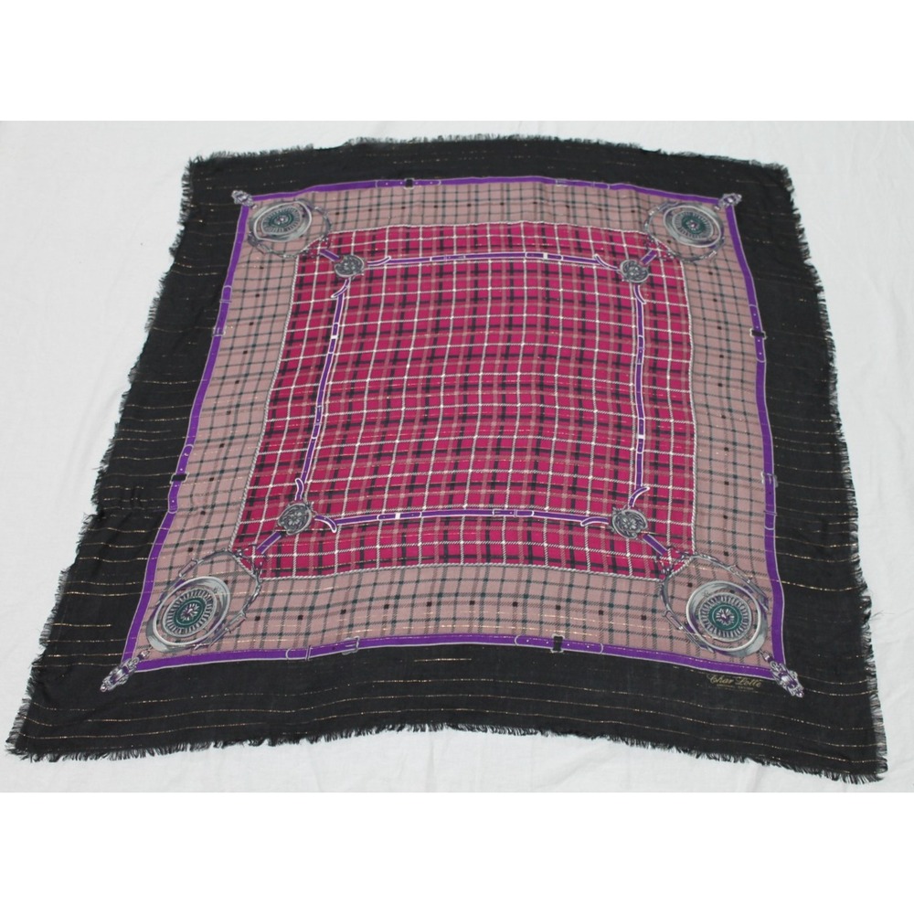 Char Lotte Original Design Plaid Metallic Fringe Square Scarf Wrap 35"